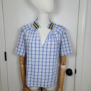 A Shirt Thing Blue Plaid Contrast Collar Top Size Small 100% Cotton